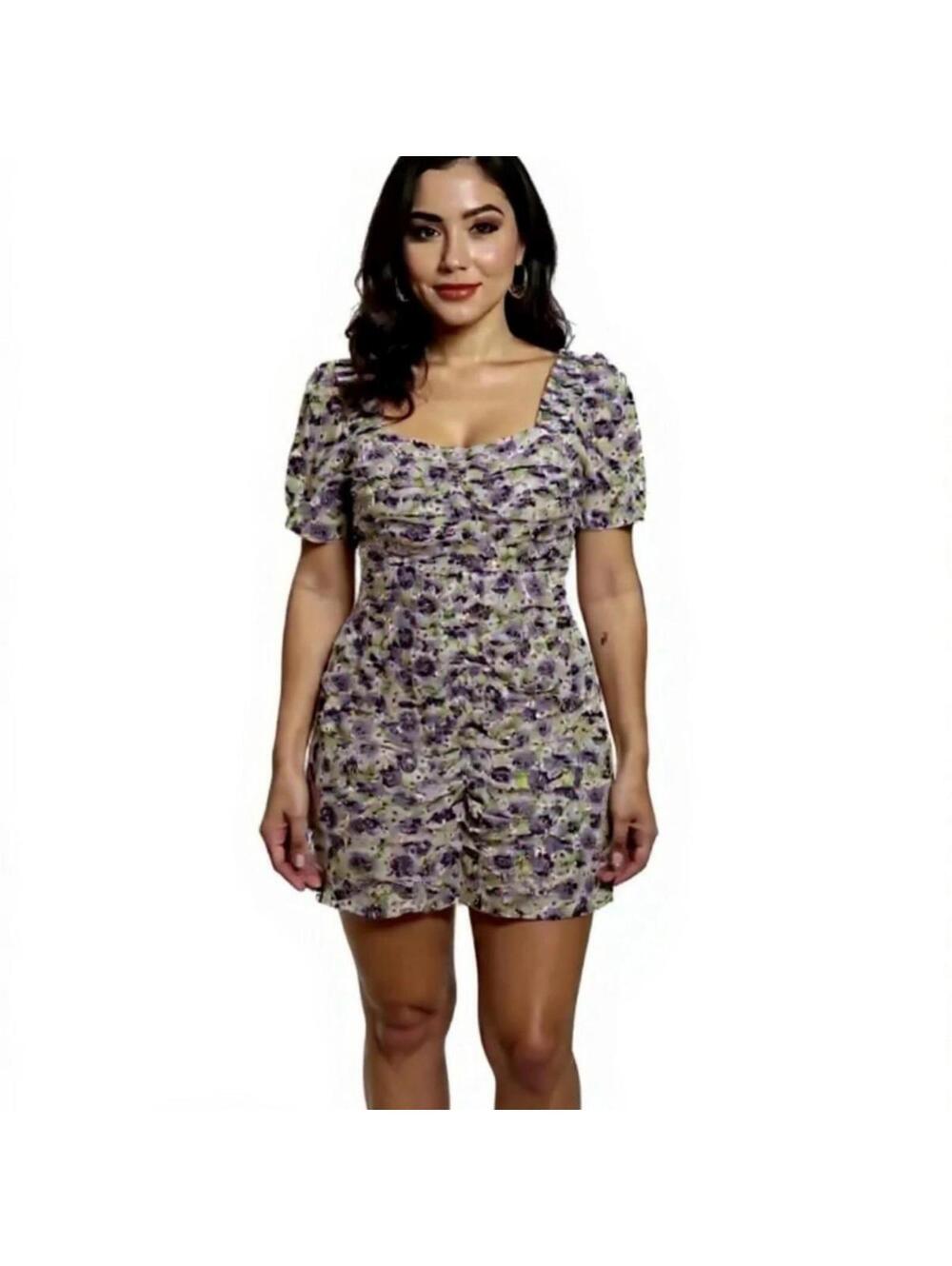Zara Dress Green Purple Floral Ruched Mini Puff Sleeve Bodycon Cottage Regency S